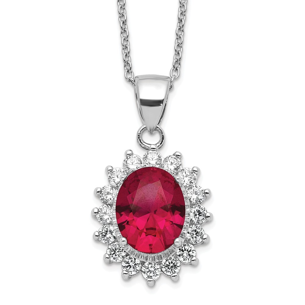 925 Sterling Silver  Lab Created Red Ruby &  White CZ Oval Halo 18.25"Necklace